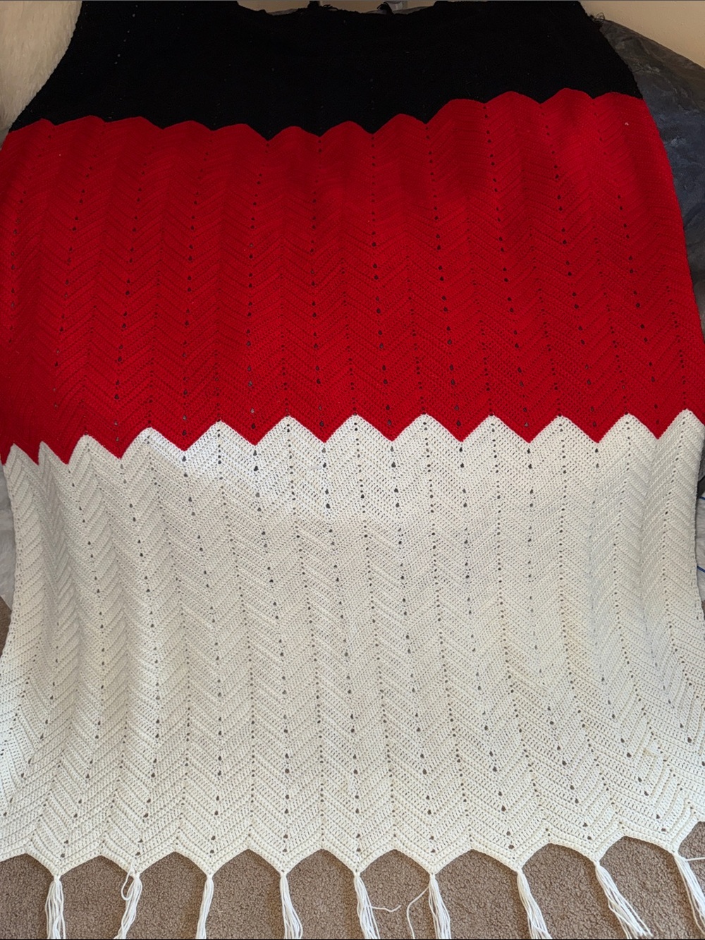Hand Crafted Red, White & Black Chevron Knit Throw Blanket
